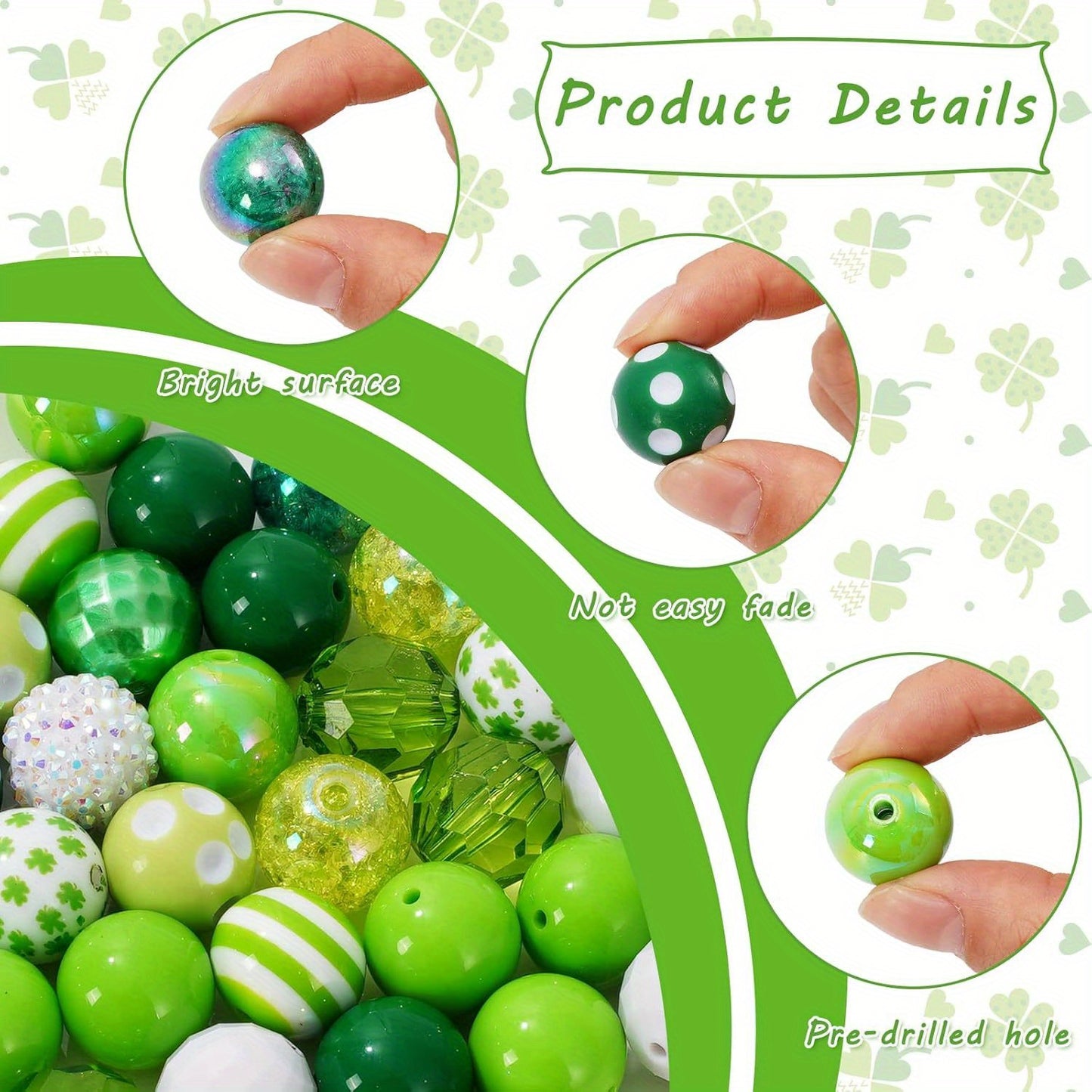 100pcs St. Patrick's Day Craft Beads Set - 20mm Glossy Green Shamrock & White Spacer Beads, Jumbo Plastic Bubblegum Beads with Clover Patterns for DIY Jewelry and Festive Crafts