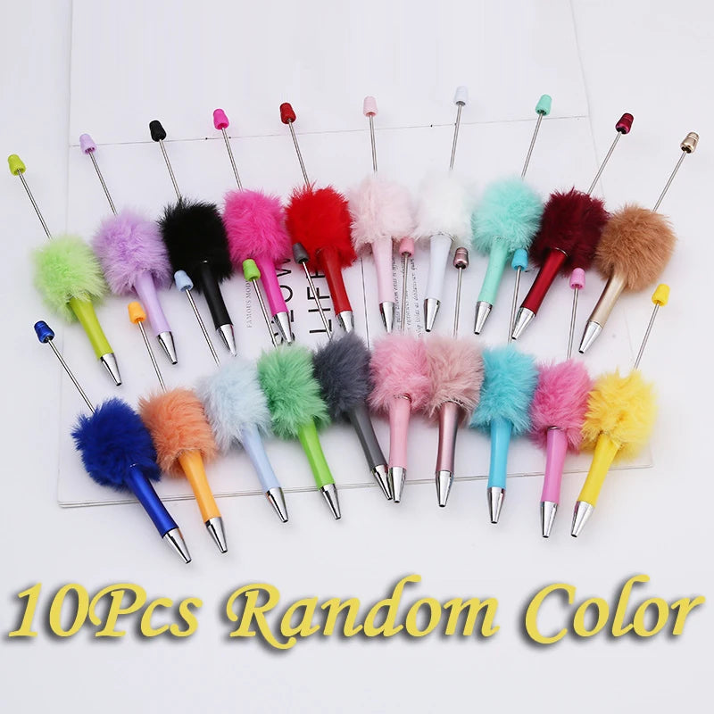 10Pcs Plush Bead Pen Creative DIY Plush Beaded Ballpoint Pens Beadable Pen Cute Style Plush Cute Stationery Office Accessories