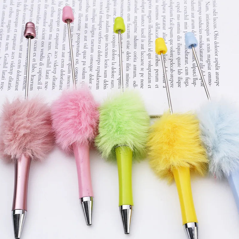 10Pcs Plush Bead Pen Creative DIY Plush Beaded Ballpoint Pens Beadable Pen Cute Style Plush Cute Stationery Office Accessories
