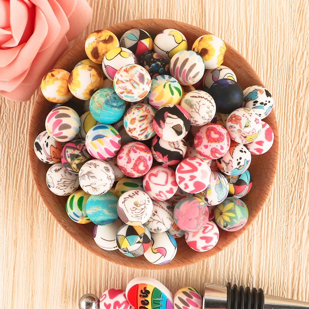 50Pcs/lot Printed Silicone Beads 15mm Round Leopard Terrazzo Dalmatian Camo Silicone Beads For Jewelry Making DIY Accessories