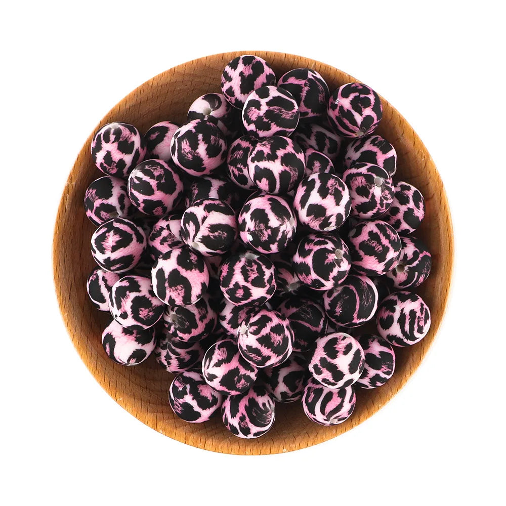 50Pcs/lot Printed Silicone Beads 15mm Round Leopard Terrazzo Dalmatian Camo Silicone Beads For Jewelry Making DIY Accessories