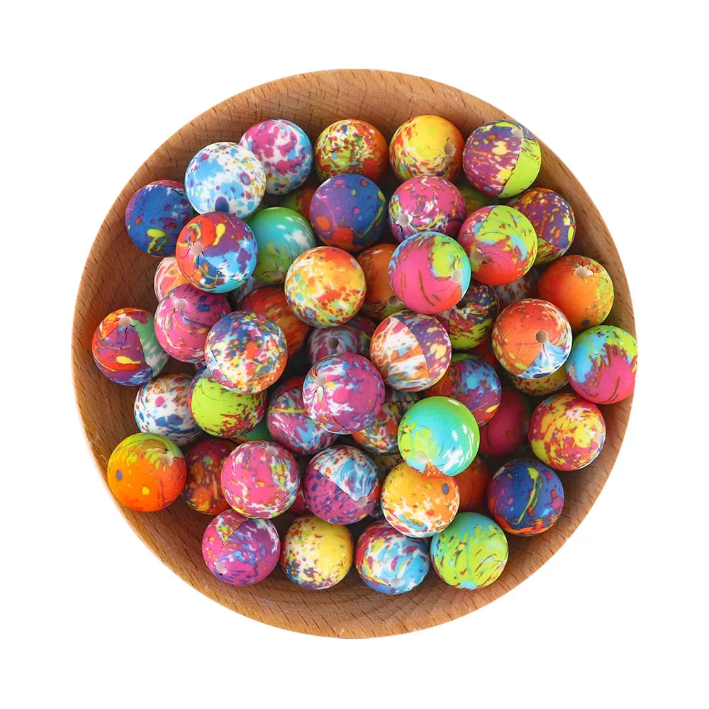 50Pcs/lot Printed Silicone Beads 15mm Round Leopard Terrazzo Dalmatian Camo Silicone Beads For Jewelry Making DIY Accessories
