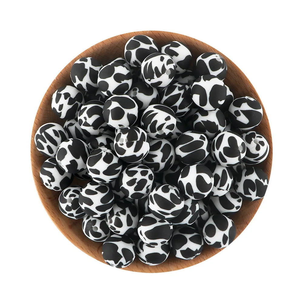 50Pcs/lot Printed Silicone Beads 15mm Round Leopard Terrazzo Dalmatian Camo Silicone Beads For Jewelry Making DIY Accessories