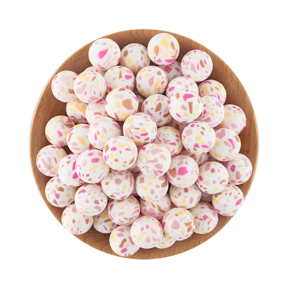 50Pcs/lot Printed Silicone Beads 15mm Round Leopard Terrazzo Dalmatian Camo Silicone Beads For Jewelry Making DIY Accessories