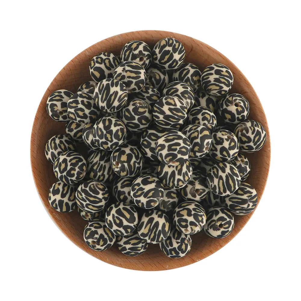 50Pcs/lot Printed Silicone Beads 15mm Round Leopard Terrazzo Dalmatian Camo Silicone Beads For Jewelry Making DIY Accessories