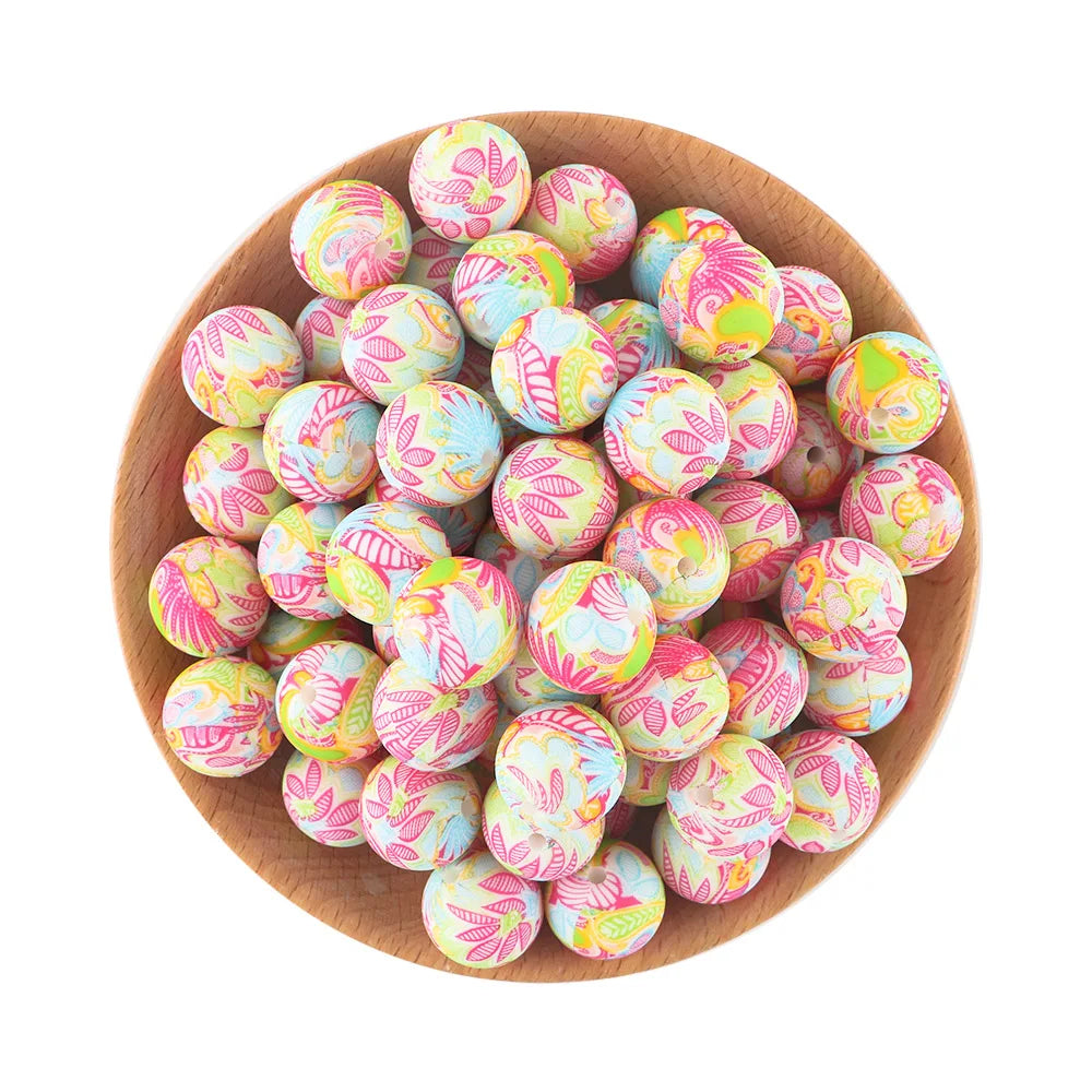 50Pcs/lot Printed Silicone Beads 15mm Round Leopard Terrazzo Dalmatian Camo Silicone Beads For Jewelry Making DIY Accessories