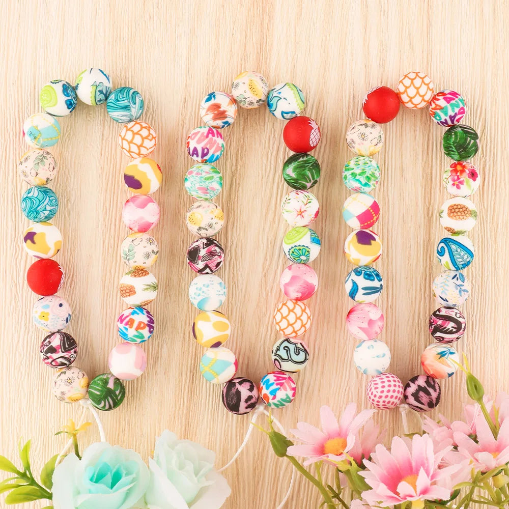 50Pcs/lot Printed Silicone Beads 15mm Round Leopard Terrazzo Dalmatian Camo Silicone Beads For Jewelry Making DIY Accessories