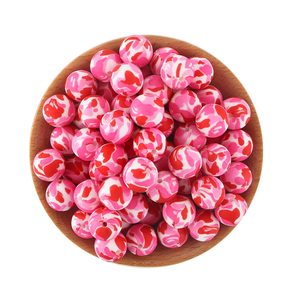 50Pcs/lot Printed Silicone Beads 15mm Round Leopard Terrazzo Dalmatian Camo Silicone Beads For Jewelry Making DIY Accessories
