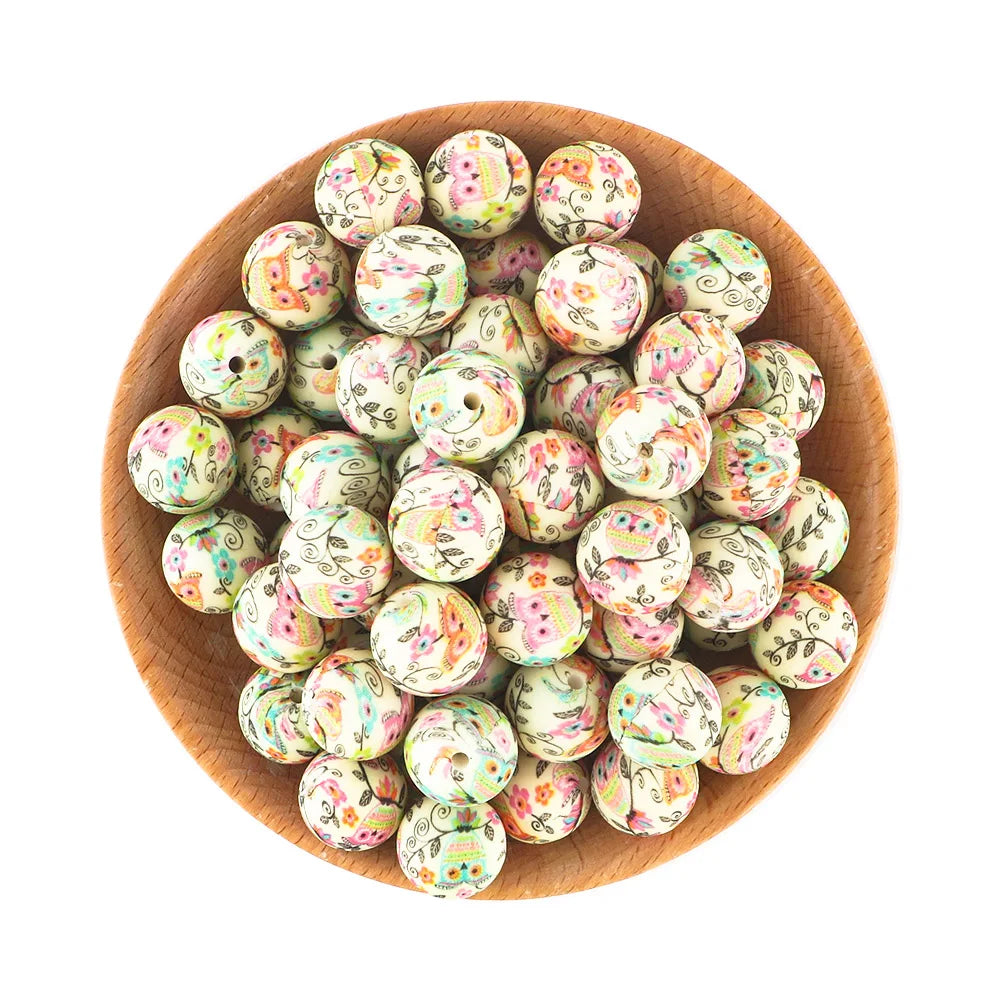 50Pcs/lot Printed Silicone Beads 15mm Round Leopard Terrazzo Dalmatian Camo Silicone Beads For Jewelry Making DIY Accessories