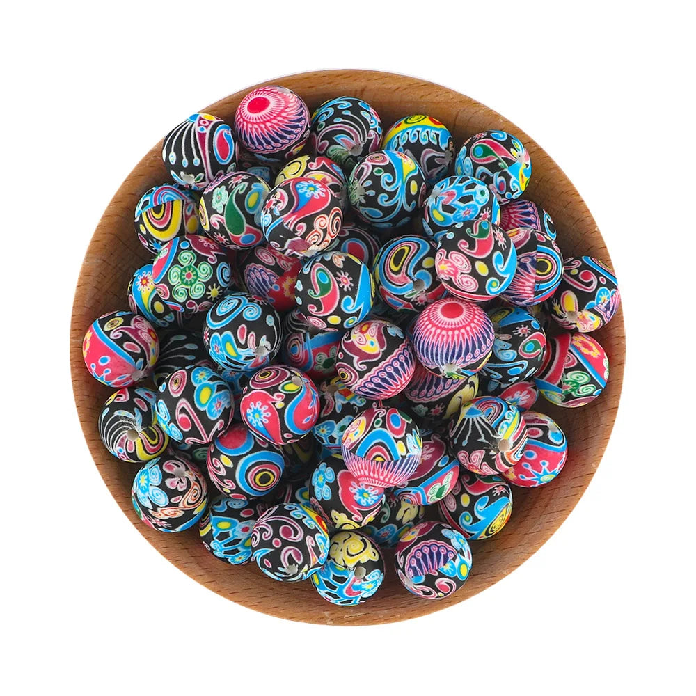 50Pcs/lot Printed Silicone Beads 15mm Round Leopard Terrazzo Dalmatian Camo Silicone Beads For Jewelry Making DIY Accessories