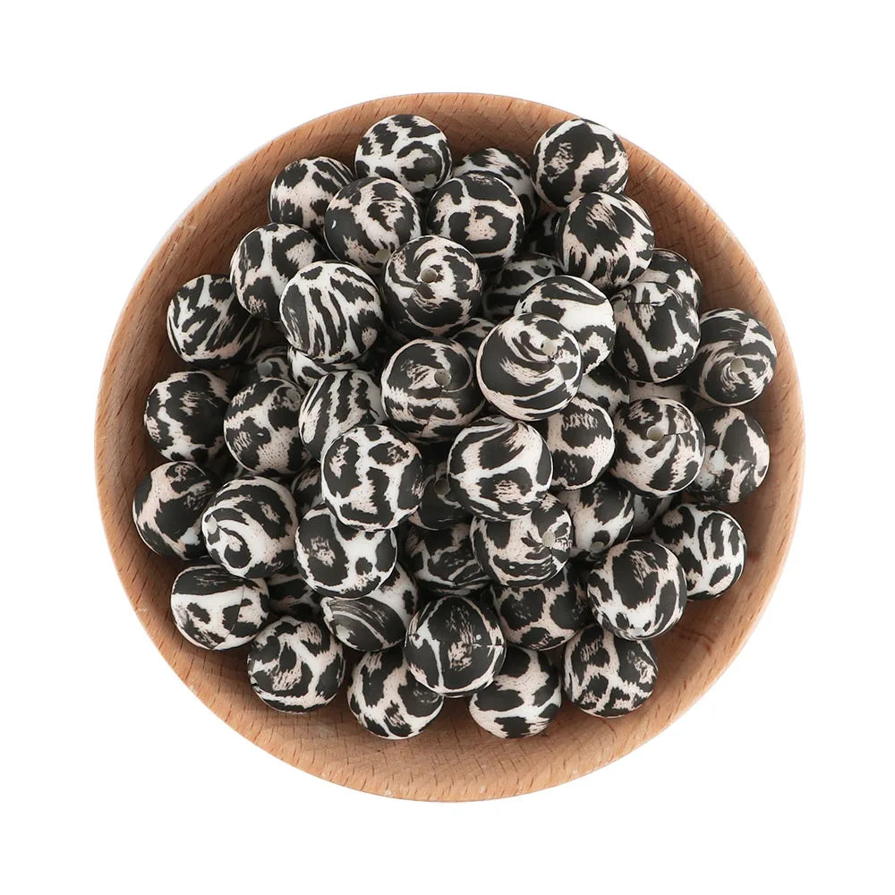 50Pcs/lot Printed Silicone Beads 15mm Round Leopard Terrazzo Dalmatian Camo Silicone Beads For Jewelry Making DIY Accessories