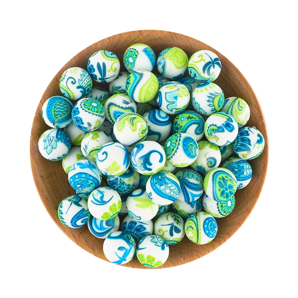 50Pcs/lot Printed Silicone Beads 15mm Round Leopard Terrazzo Dalmatian Camo Silicone Beads For Jewelry Making DIY Accessories