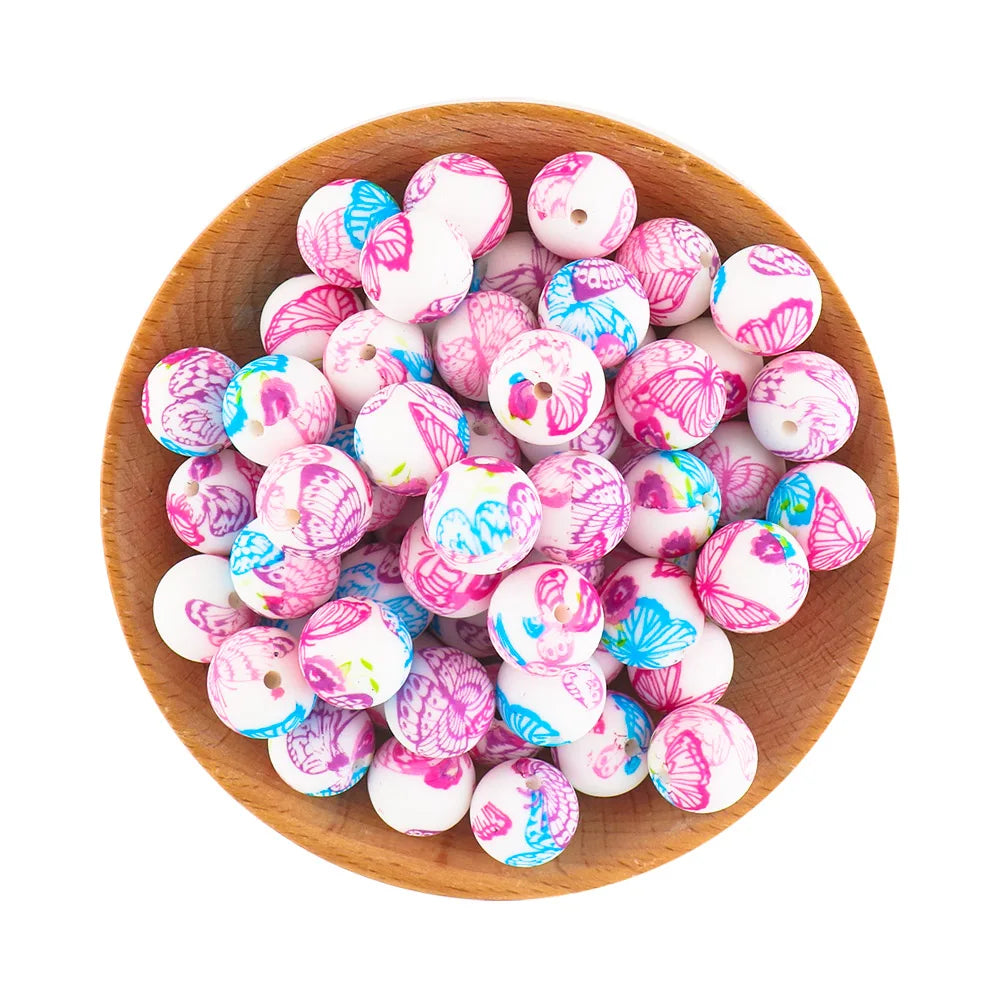50Pcs/lot Printed Silicone Beads 15mm Round Leopard Terrazzo Dalmatian Camo Silicone Beads For Jewelry Making DIY Accessories