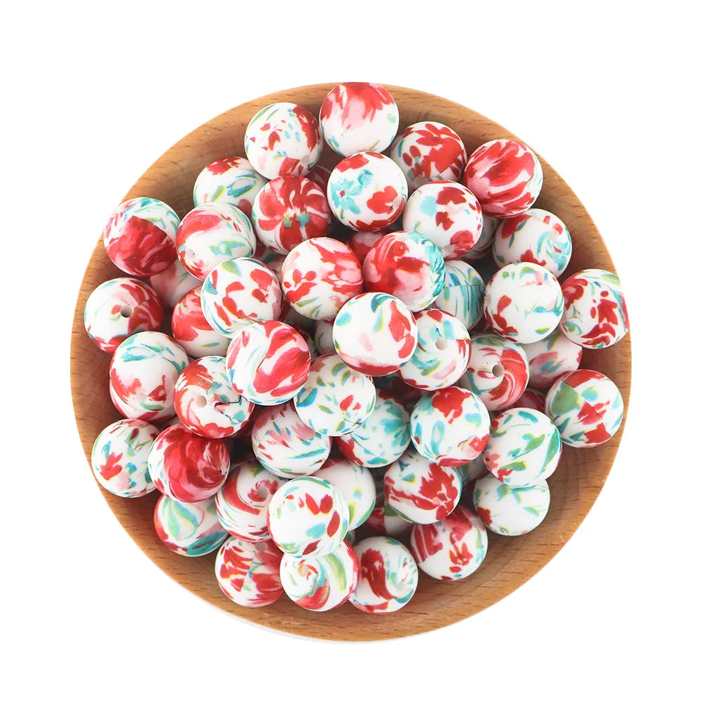 50Pcs/lot Printed Silicone Beads 15mm Round Leopard Terrazzo Dalmatian Camo Silicone Beads For Jewelry Making DIY Accessories