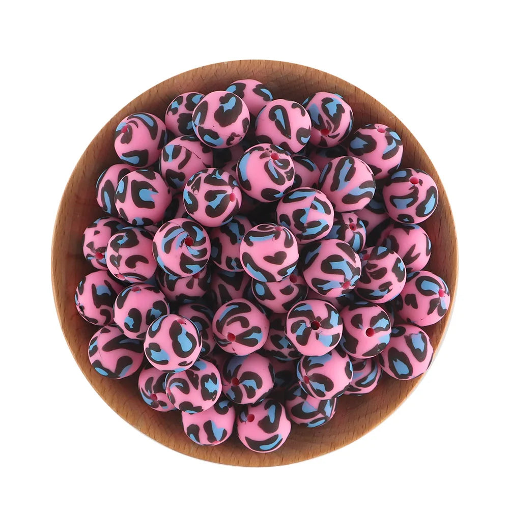 50Pcs/lot Printed Silicone Beads 15mm Round Leopard Terrazzo Dalmatian Camo Silicone Beads For Jewelry Making DIY Accessories