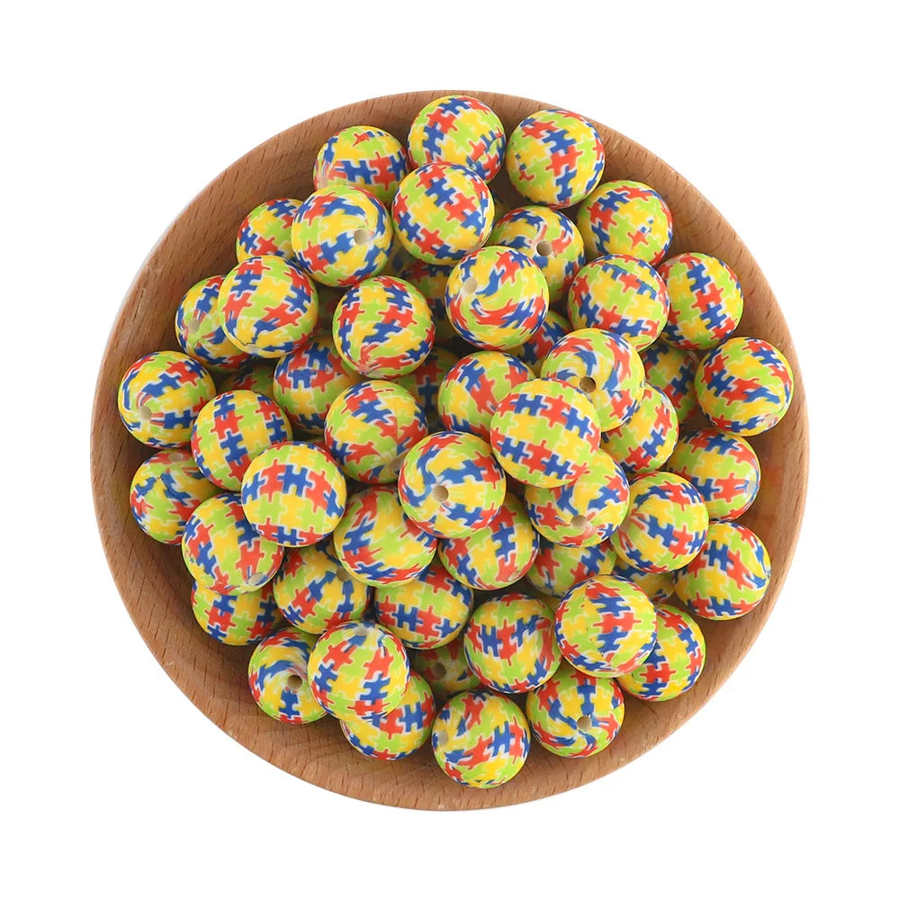 50Pcs/lot Printed Silicone Beads 15mm Round Leopard Terrazzo Dalmatian Camo Silicone Beads For Jewelry Making DIY Accessories