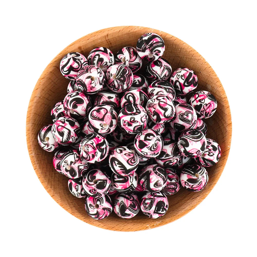 50Pcs/lot Printed Silicone Beads 15mm Round Leopard Terrazzo Dalmatian Camo Silicone Beads For Jewelry Making DIY Accessories