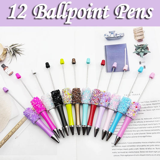 10Pcs Diamond Bead Pen DIY Beadable Ballpoint Pens Student Stationery Pens Writing Pen School Office Supplies