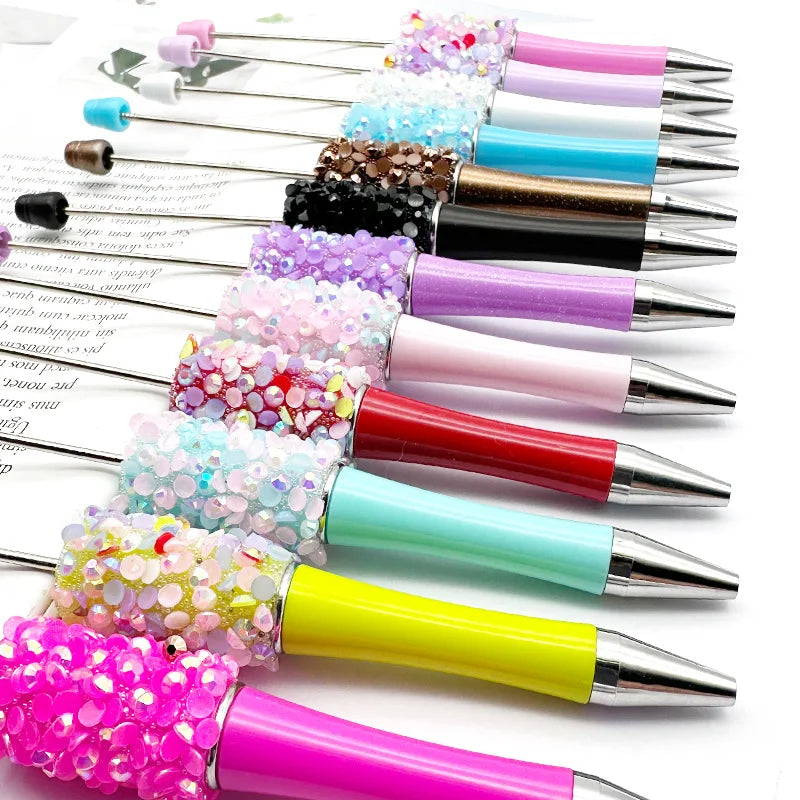 10Pcs Diamond Bead Pen DIY Beadable Ballpoint Pens Student Stationery Pens Writing Pen School Office Supplies
