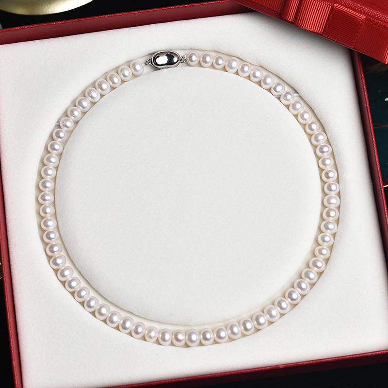Wholesale genuine steamed buns round natural freshwater pearl necklace Mother's Day gift box for mothers and elders