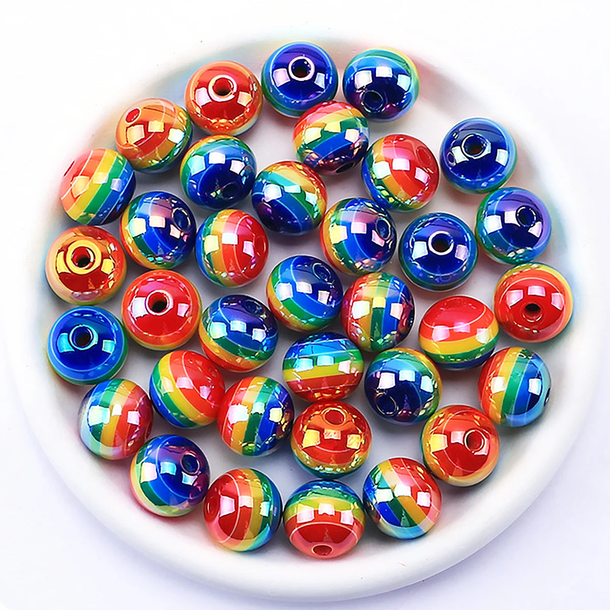 16mm 8pcs Stripe Rainbow Beads Round Acrylic Beads For DIY Bracelet Necklace Keychain Pen Beadable Jewelry Making Supplies