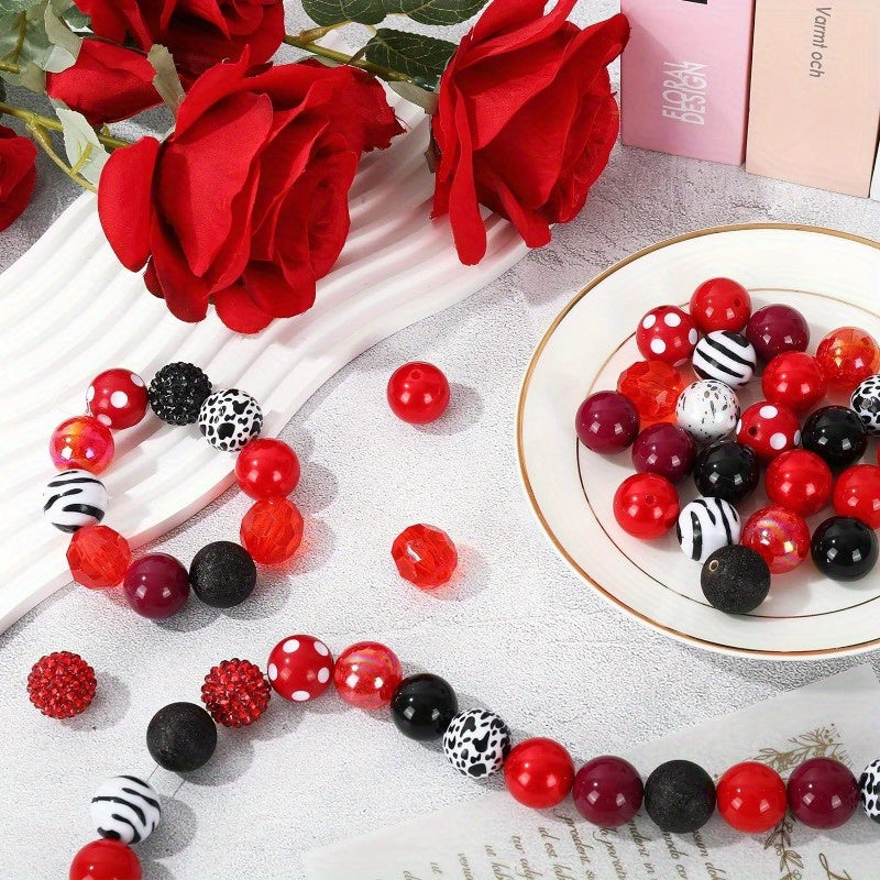 100pcs 20mm Red Cow Beads Set 12 Styles Mixed Bubblegum Beads Red and Black Spacer Beads Chunky Jumbo Plastic Beads for DIY Beadable Pens Keychains and Other Beadable Items Jewelry Making Crafts Boutique Supplies