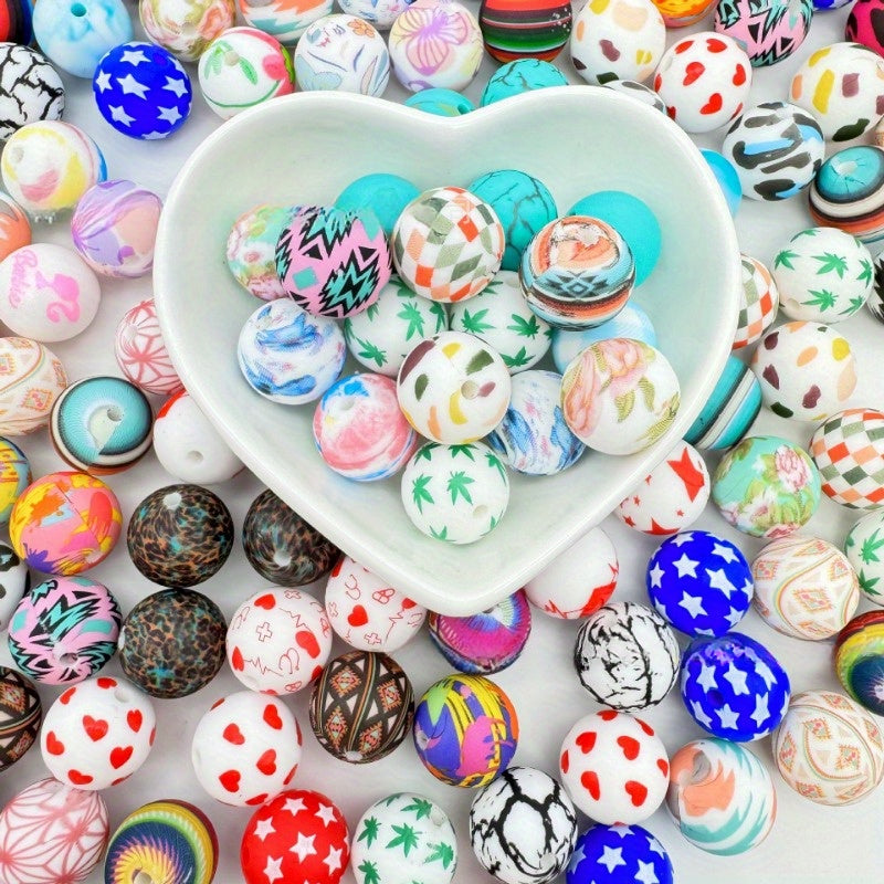 100pcs 15mm Patterned Silicone Beads Bulk Assorted Styles for DIY Bracelet Keychain Pen Necklace Jewelry Making Kit