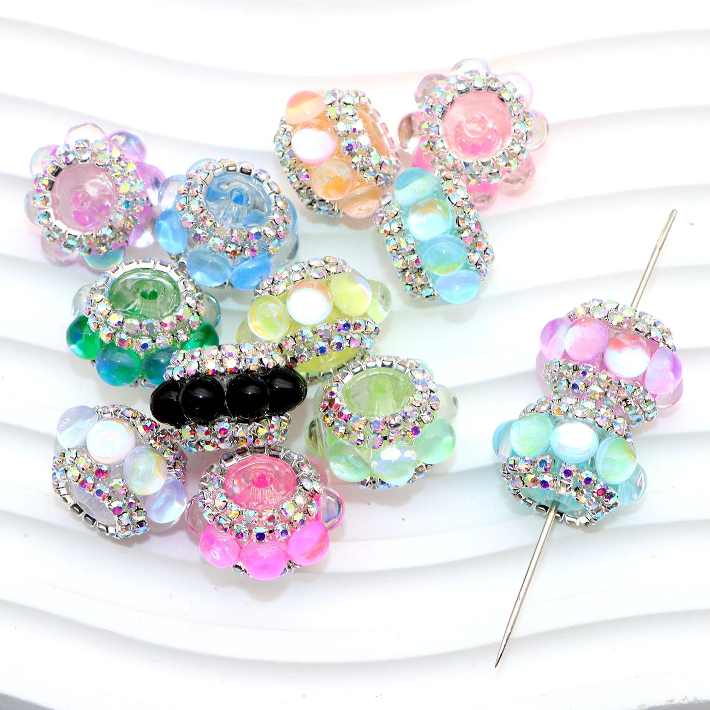 25Pc Rhinestone Faux Crystal Beads Cats Eye Stone Beads Loose Spacer Beads With Hole For Jewelry Making DIY Bracelet Necklace