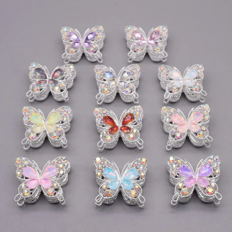 10pcs /bag Creative Glitter Metal Alloy Pink Purple Rhinestone Butterfly Beads for Jewelry Making DIY Bead Pen Accessories