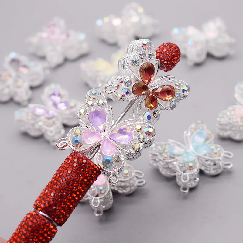 10pcs /bag Creative Glitter Metal Alloy Pink Purple Rhinestone Butterfly Beads for Jewelry Making DIY Bead Pen Accessories