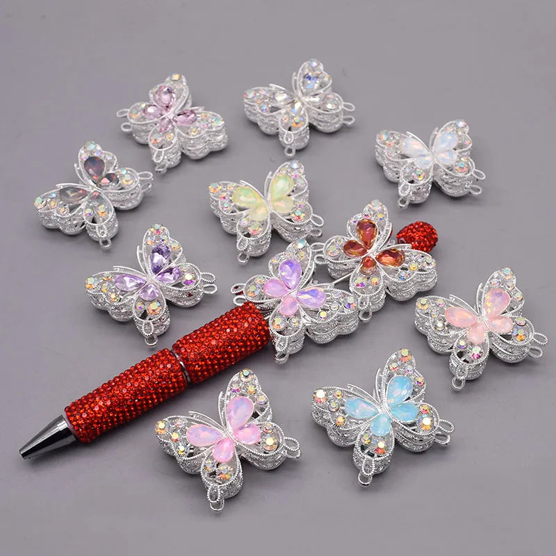 10pcs /bag Creative Glitter Metal Alloy Pink Purple Rhinestone Butterfly Beads for Jewelry Making DIY Bead Pen Accessories