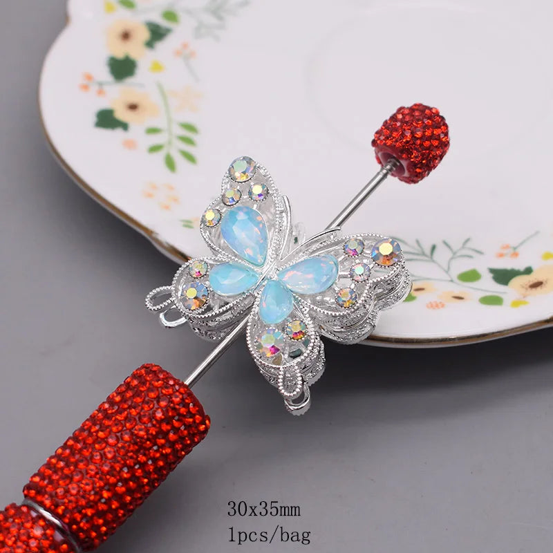 10pcs /bag Creative Glitter Metal Alloy Pink Purple Rhinestone Butterfly Beads for Jewelry Making DIY Bead Pen Accessories