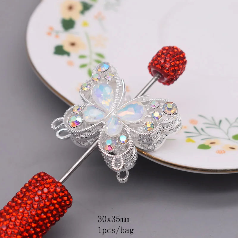 10pcs /bag Creative Glitter Metal Alloy Pink Purple Rhinestone Butterfly Beads for Jewelry Making DIY Bead Pen Accessories