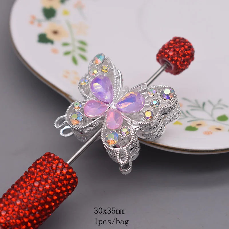 10pcs /bag Creative Glitter Metal Alloy Pink Purple Rhinestone Butterfly Beads for Jewelry Making DIY Bead Pen Accessories