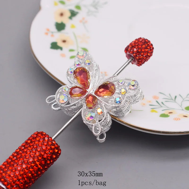 10pcs /bag Creative Glitter Metal Alloy Pink Purple Rhinestone Butterfly Beads for Jewelry Making DIY Bead Pen Accessories