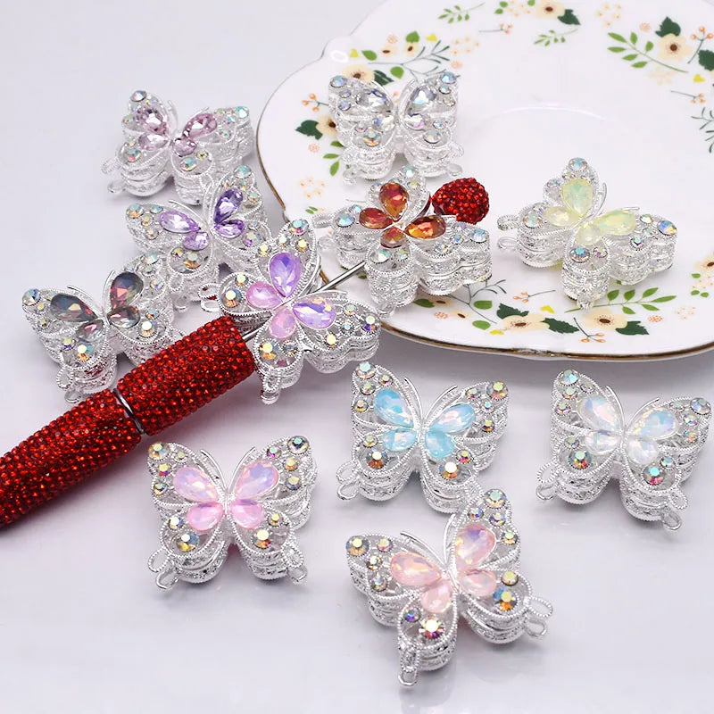 10pcs /bag Creative Glitter Metal Alloy Pink Purple Rhinestone Butterfly Beads for Jewelry Making DIY Bead Pen Accessories