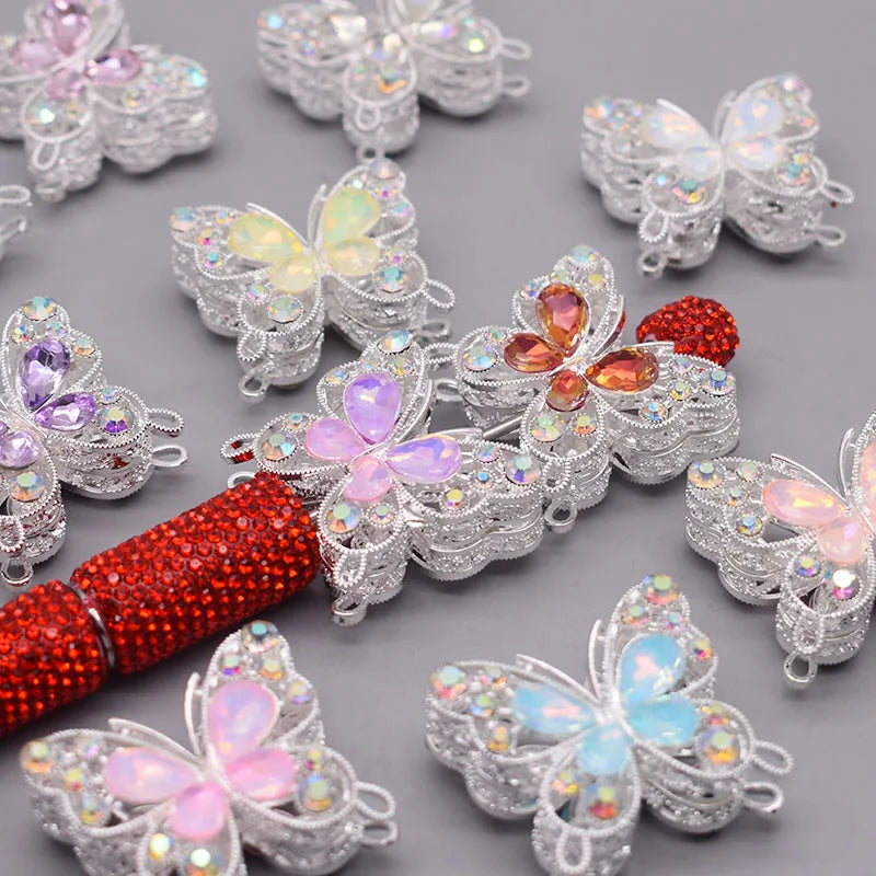 10pcs /bag Creative Glitter Metal Alloy Pink Purple Rhinestone Butterfly Beads for Jewelry Making DIY Bead Pen Accessories