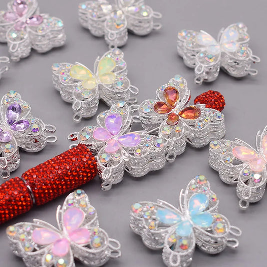 10pcs /bag Creative Glitter Metal Alloy Pink Purple Rhinestone Butterfly Beads for Jewelry Making DIY Bead Pen Accessories