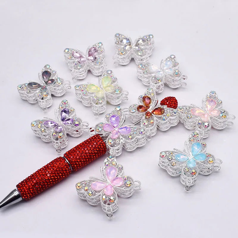 10pcs /bag Creative Glitter Metal Alloy Pink Purple Rhinestone Butterfly Beads for Jewelry Making DIY Bead Pen Accessories