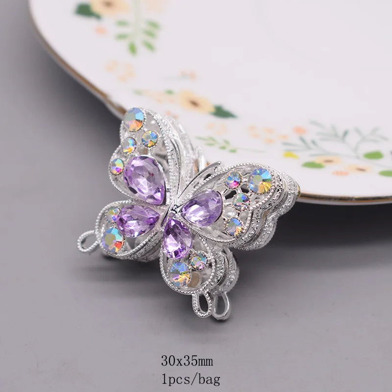 10pcs /bag Creative Glitter Metal Alloy Pink Purple Rhinestone Butterfly Beads for Jewelry Making DIY Bead Pen Accessories