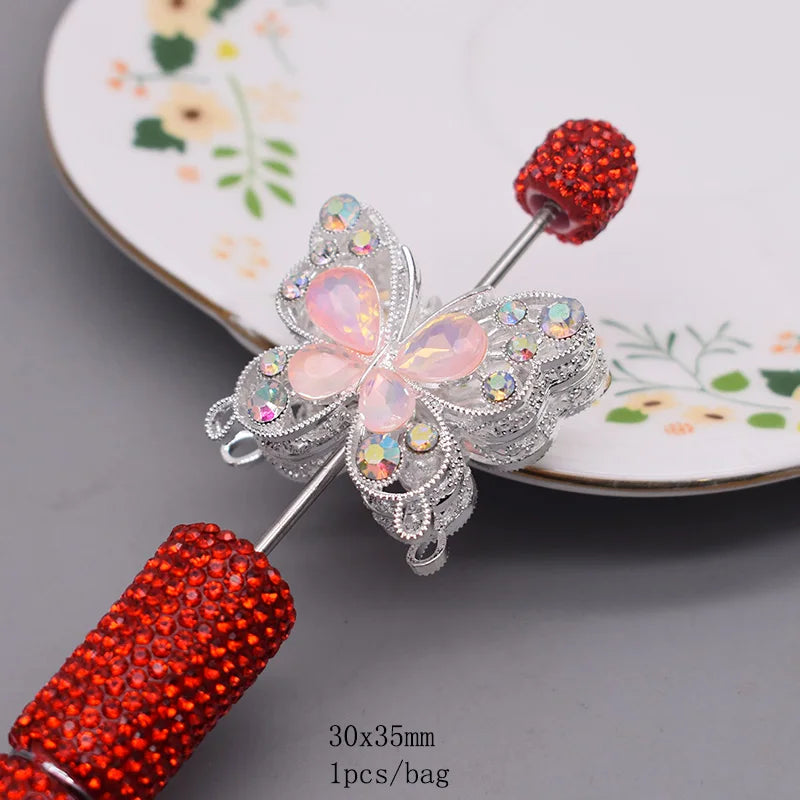 10pcs /bag Creative Glitter Metal Alloy Pink Purple Rhinestone Butterfly Beads for Jewelry Making DIY Bead Pen Accessories