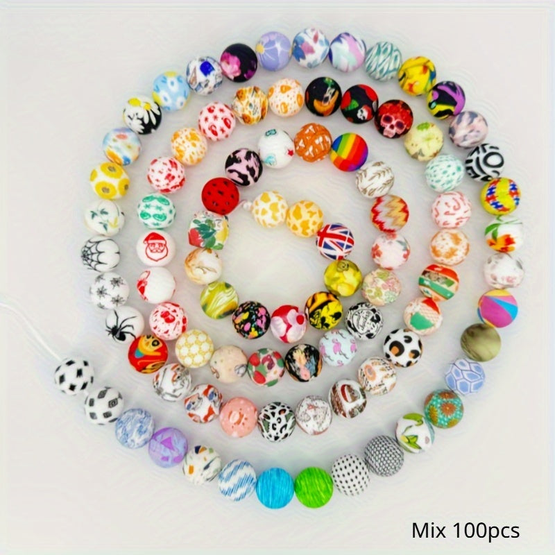 100pcs 15mm Patterned Silicone Beads Bulk Assorted Styles for DIY Bracelet Keychain Pen Necklace Jewelry Making Kit