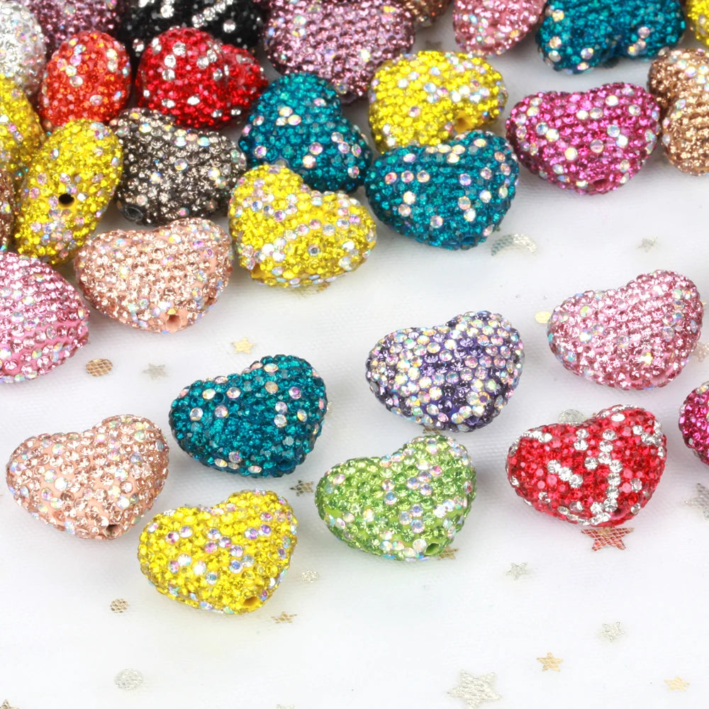 24x18mm 20pcs Charm Love Heart Shiny Polymer Clay Rhinestone Beads For Jewelry Making DIY Necklace Bracelets Accessories VD