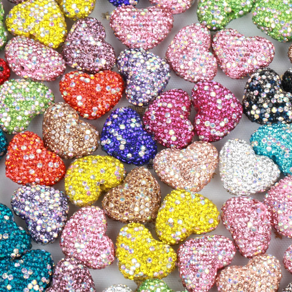 24x18mm 20pcs Charm Love Heart Shiny Polymer Clay Rhinestone Beads For Jewelry Making DIY Necklace Bracelets Accessories VD