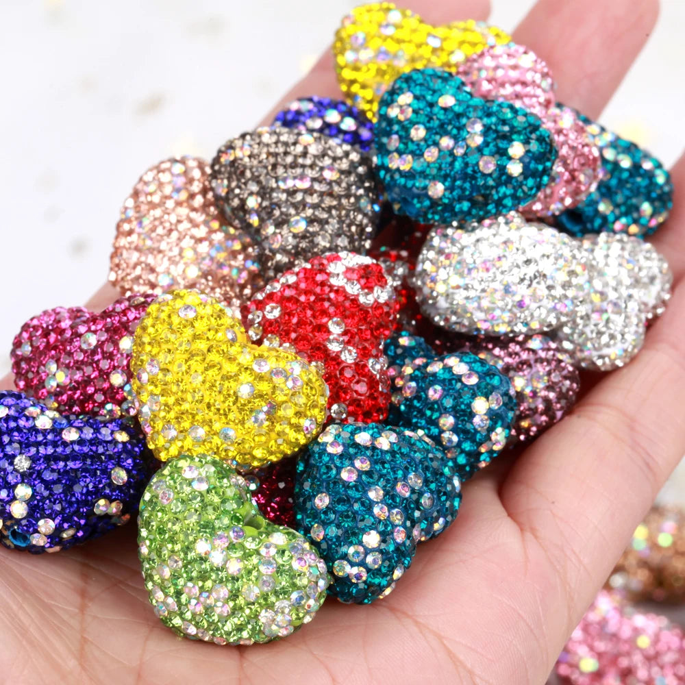 24x18mm 20pcs Charm Love Heart Shiny Polymer Clay Rhinestone Beads For Jewelry Making DIY Necklace Bracelets Accessories VD