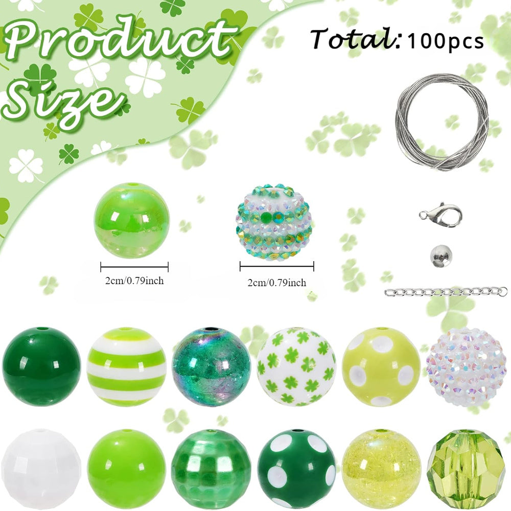 100pcs St. Patrick's Day Craft Beads Set - 20mm Glossy Green Shamrock & White Spacer Beads, Jumbo Plastic Bubblegum Beads with Clover Patterns for DIY Jewelry and Festive Crafts