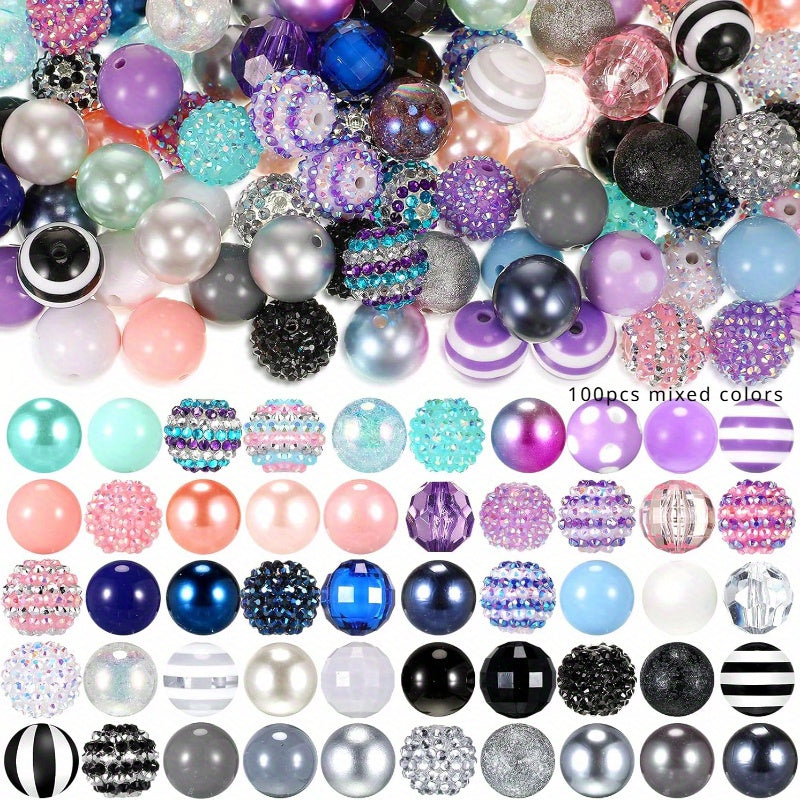 100pcs 20mm Beads for Pens Rhinestone Bubblegum Beads Mixed Crystal Resin Sugar Chunky for Pens Beadable Keychains DIY Craft Pen Jewelry Making Supplies