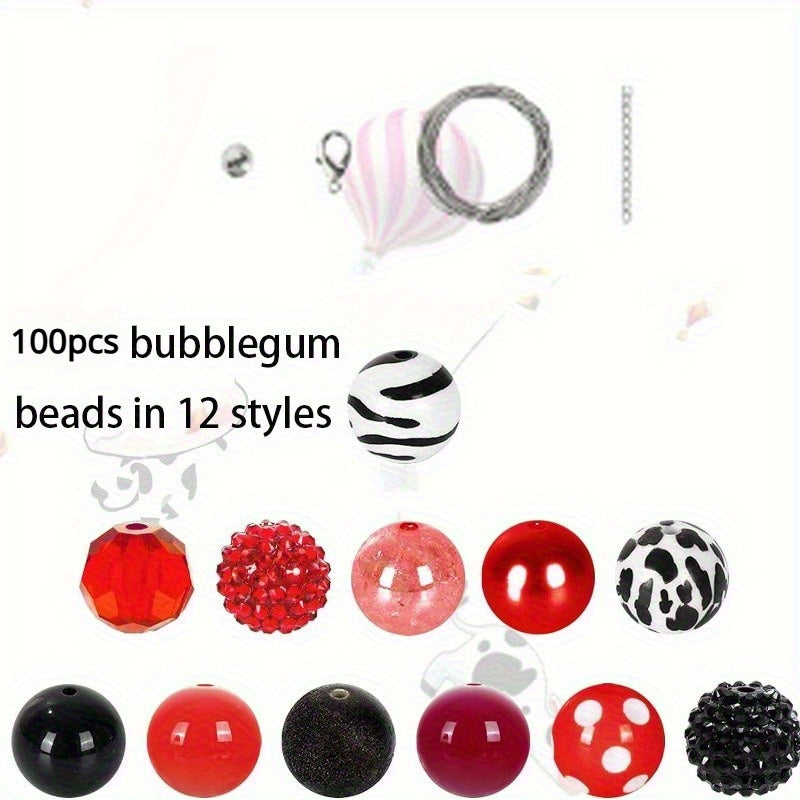 100pcs 20mm Red Cow Beads Set 12 Styles Mixed Bubblegum Beads Red and Black Spacer Beads Chunky Jumbo Plastic Beads for DIY Beadable Pens Keychains and Other Beadable Items Jewelry Making Crafts Boutique Supplies