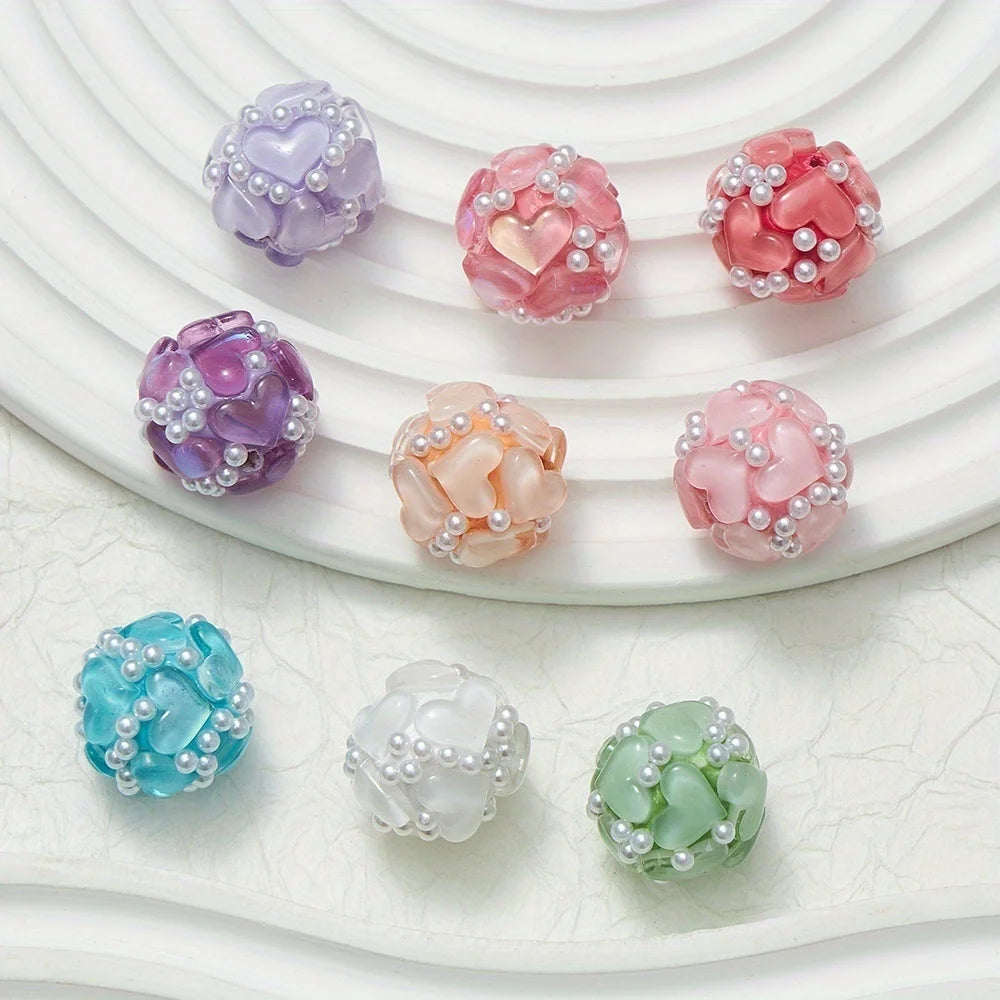 20pcs 20MM Heart Glass Rhinestones Pearls Polymer Clay Beads Round For Pen Decorate DIY Jewelry Keychain Necklace Making