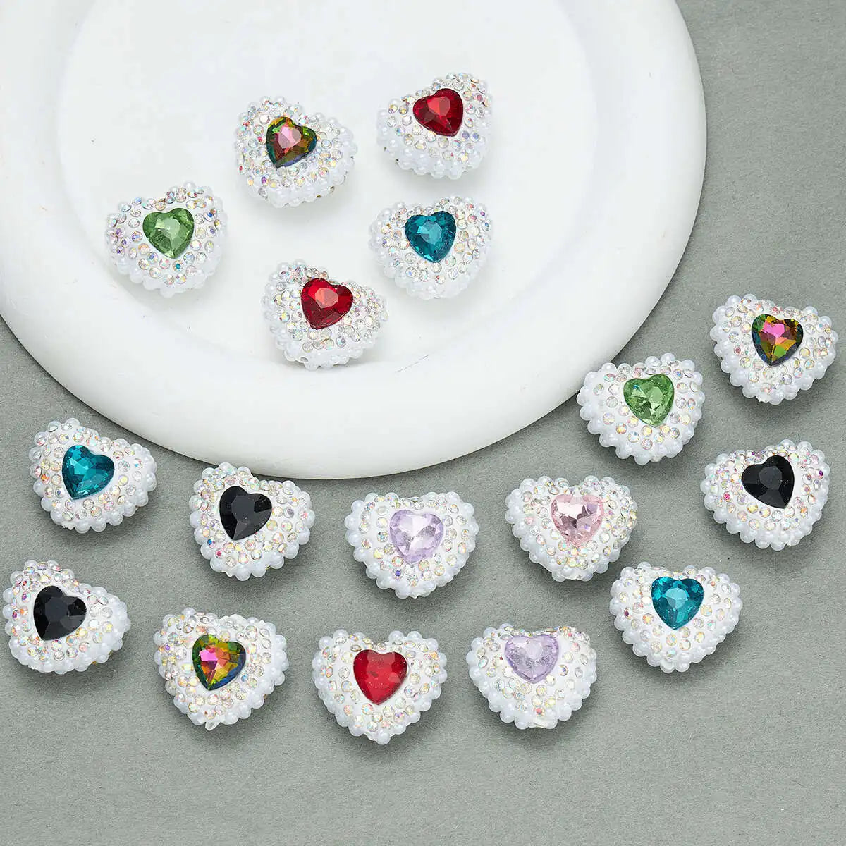 20pcs Heart Polymer Clay Beads Love Heart Glass Crystal Rhinestones Pearl,for Pen Decorate DIY Jewelry Keychain Necklace Making